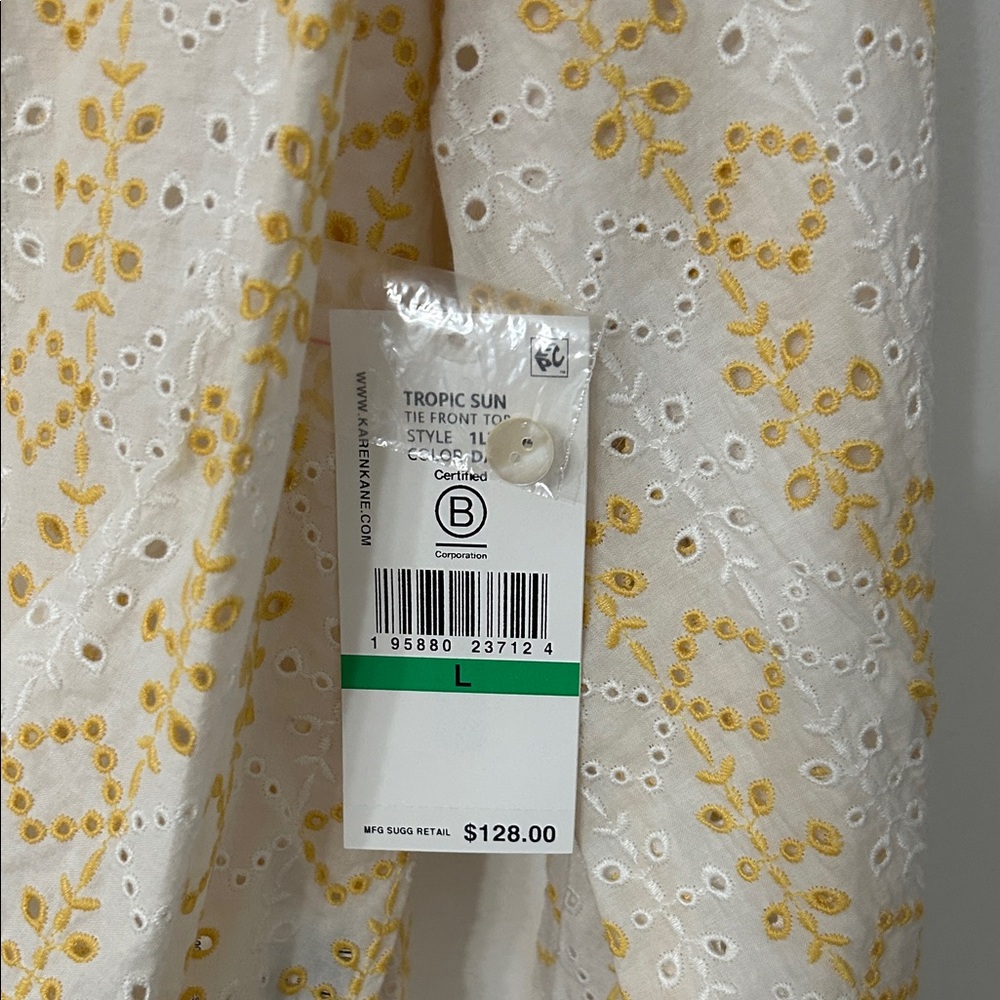 Karen Kane Tie Front Blouse Women’s L Tropic Sun Eyelet Bell Sleeves Spring NWT - Picture 4 of 15